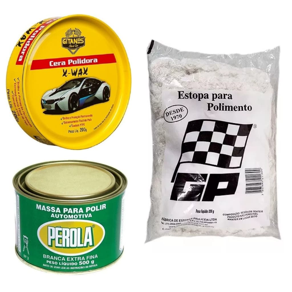 Kit Limpeza Veicular com Cera, Massa para polir e Estopa