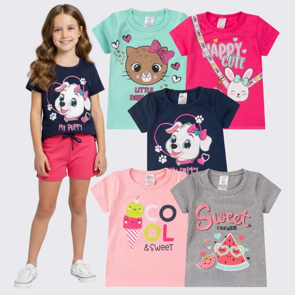 Kit 5 Camisetas Infantil Menina Manga Curta Feminino Algodão