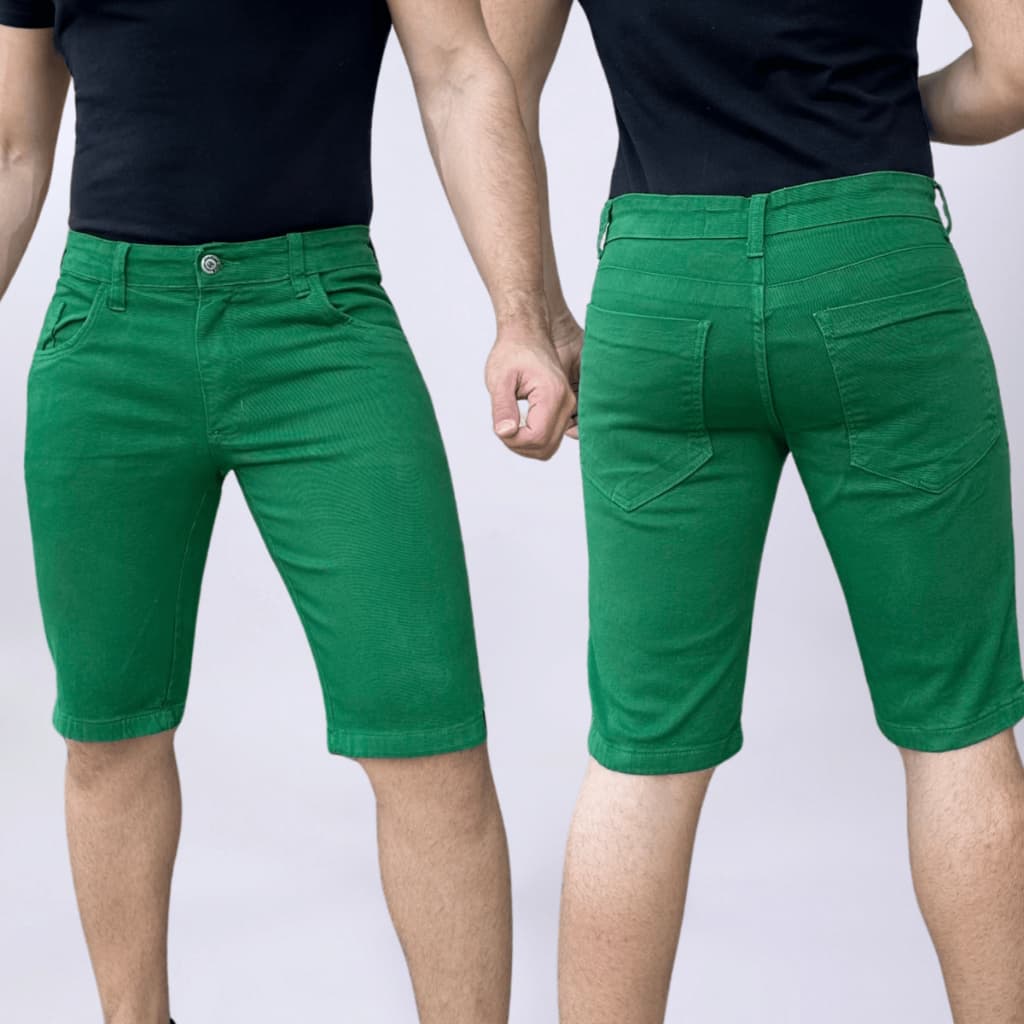 Bermuda Verde Bandeira  Masculina Short Sarja Brim Colorida Premium Com Lycra Bolso Relógio
