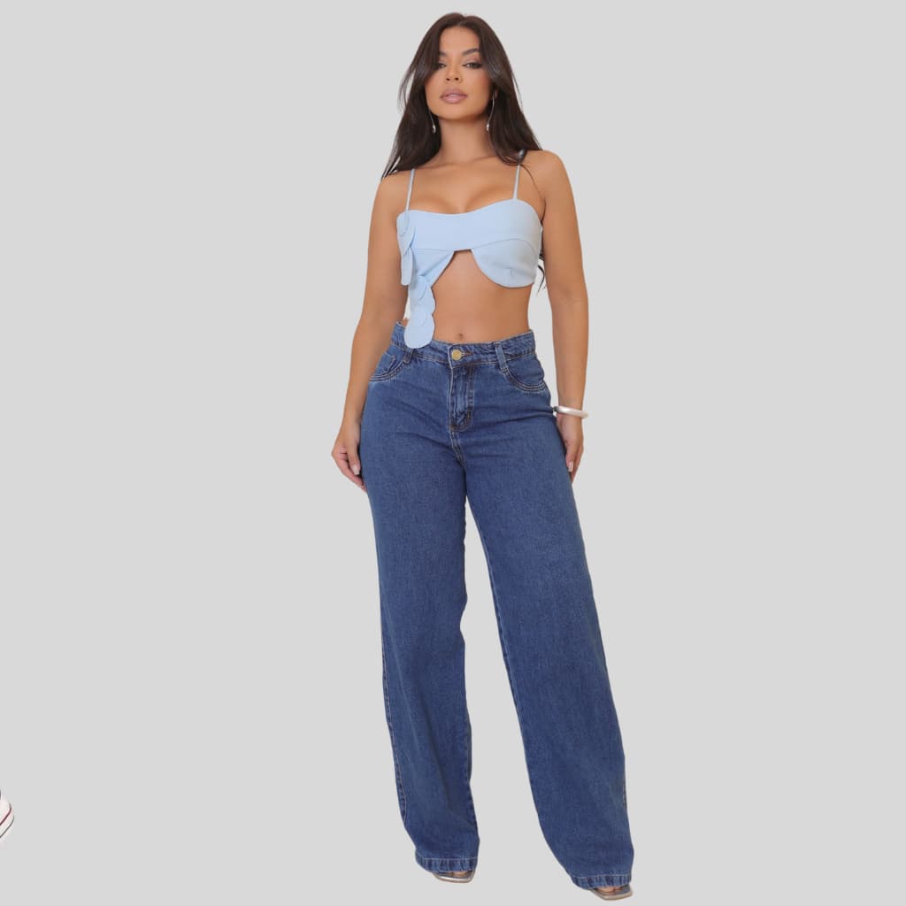 Calça Jeans Wide Leg Feminina Cintura Alta Pantalona 100% Algodão Destroyed