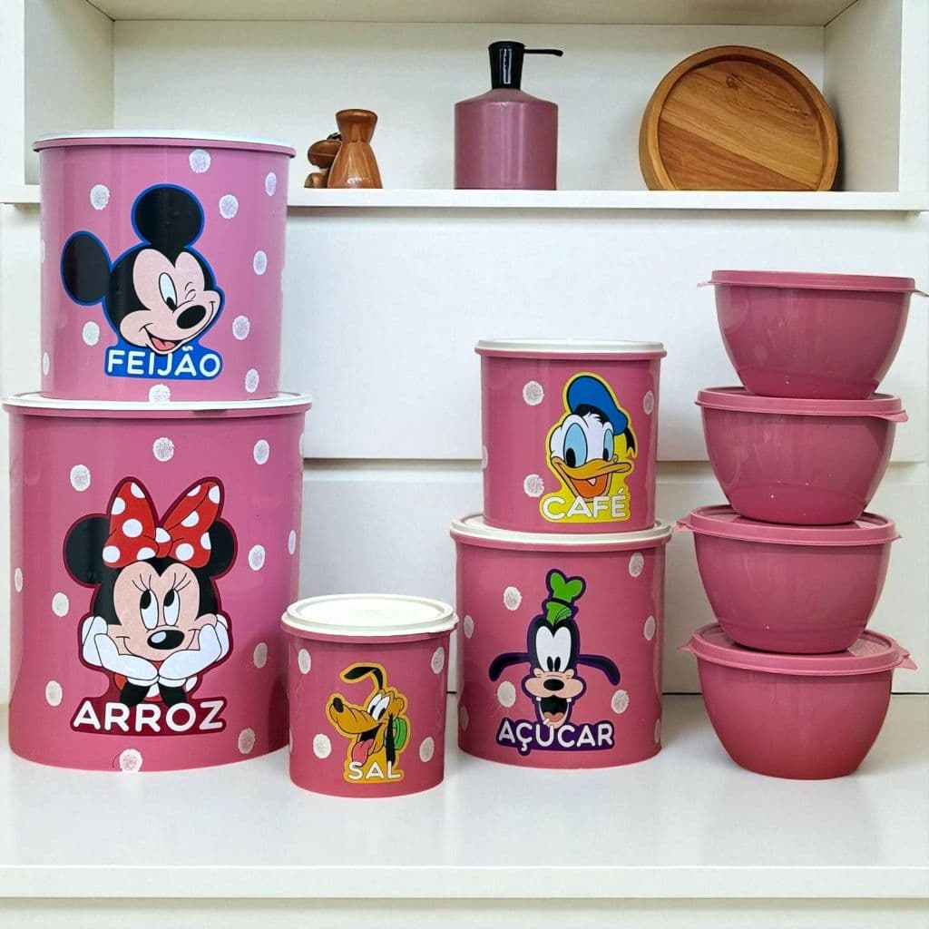 Kit 5 Porta Mantimentos Cozinha Potes de Plástico Disney Mickey e Minnie