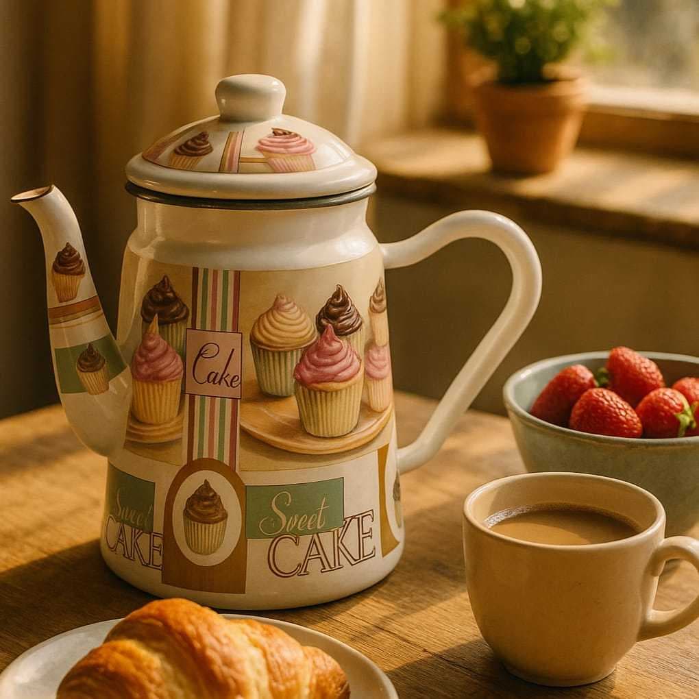 Bule De Ferro Decorado Esmaltado Cake 1,2L Fogão Indução Com Tampa