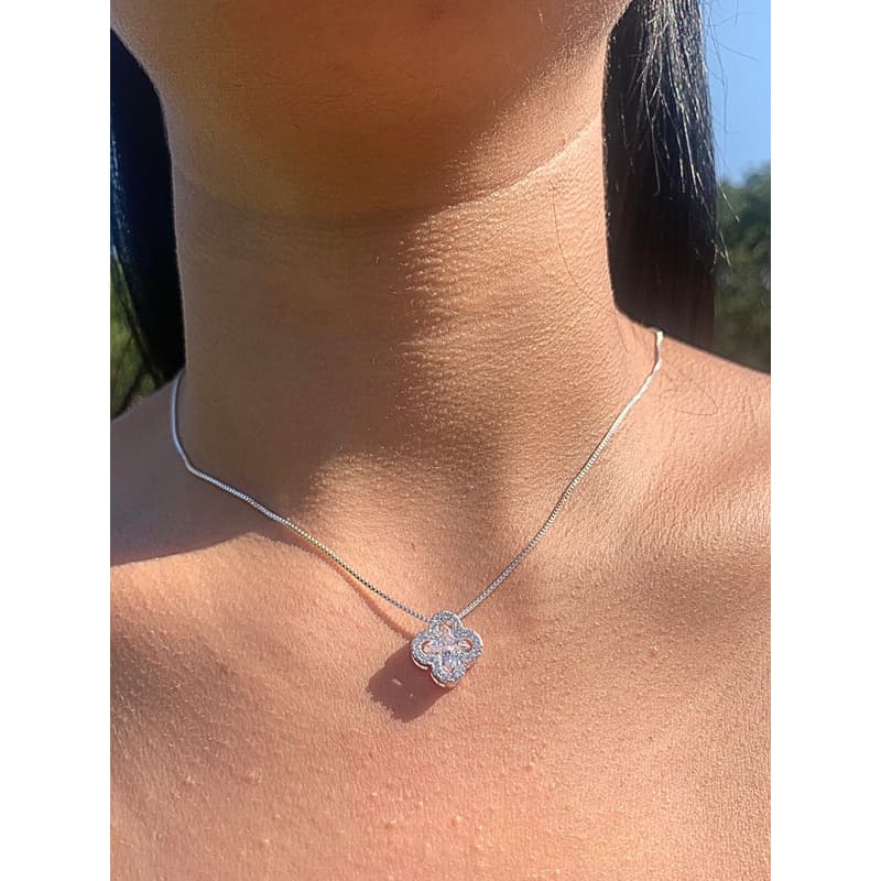 Colar Com Pingente Trevo Zircônia Transparente Feminino Cristal Inspiração Virginia