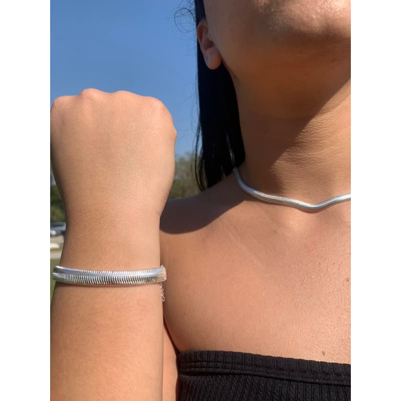 Conjunto Colar e Pulseira de Cobra Banhado a Prata Unissex Minimalista