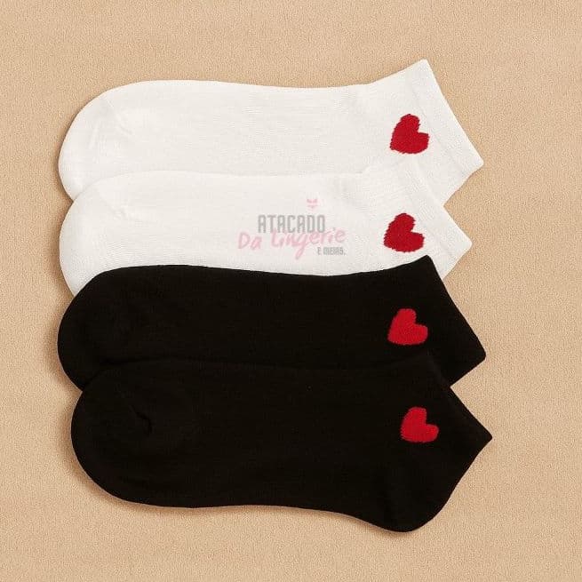 Kit 12/6/3 Pares Meia Algodão Cano Curto Soquete Coração Branca e Preta Moda Feminina