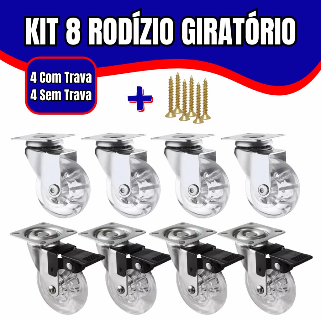 Kit 8 Rodízios Giratórios de Silicone 35mm 50mm e 75mm 4 com Trava e 4 Sem Trava Inclui Parafusos