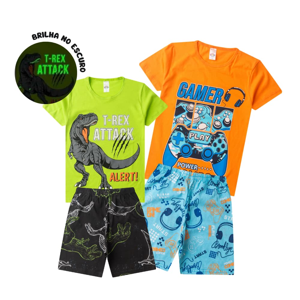 Kit 2 Conjuntos Pijama Algodão Verão Juvenil MENINO 10 ao 16 Brilha no Escuro