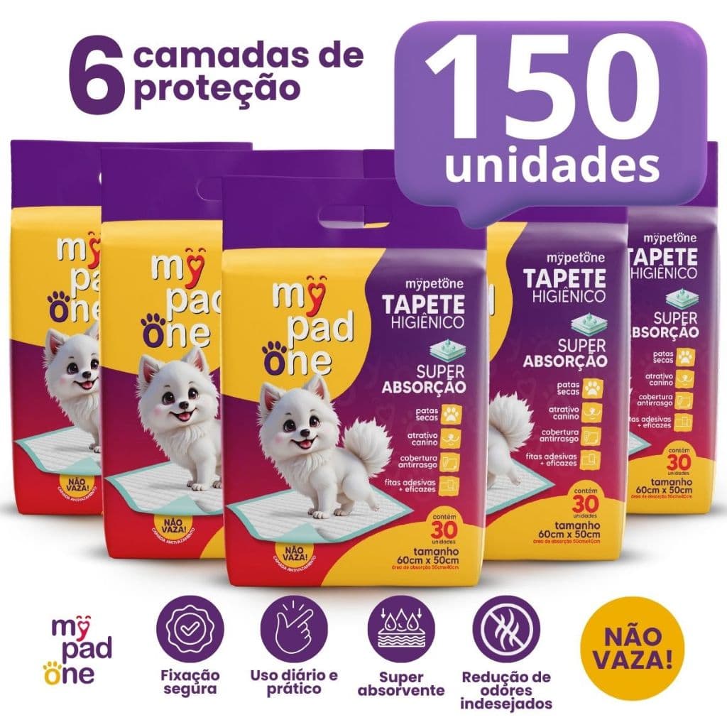 Kit Tapete Higiênico Premium para Caes MyPadOne 60cmx50cm Ultra Absorção 60 a 150 Unidades