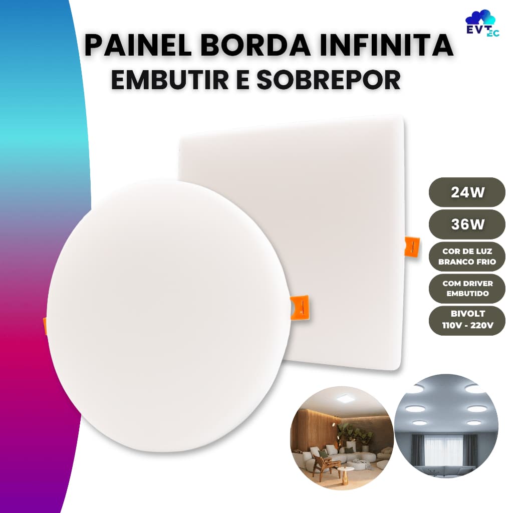 Painel Led 24w/36w Borda Infinita 2em1 Embutir Sobrepor 6000k