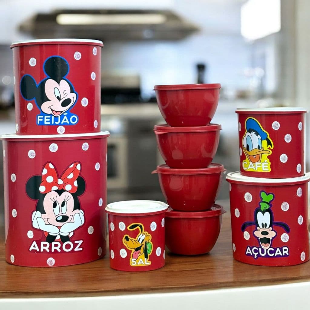 Kit 5 Porta Mantimentos Cozinha + 4 Potes de Plástico 700ML Redondos Turma da Minnie