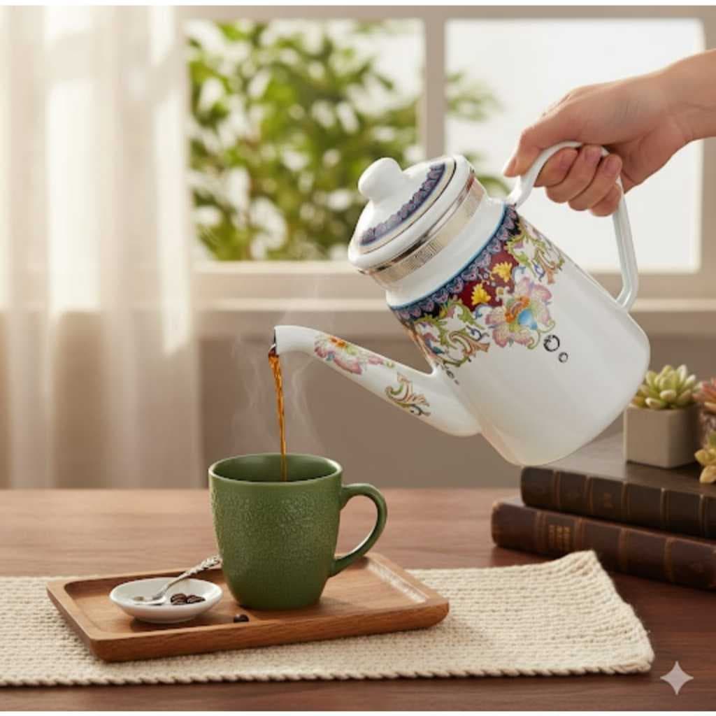 Bule De Ferro Decorado Esmaltado Indiana 1,2L Fogão Indução Com Tampa