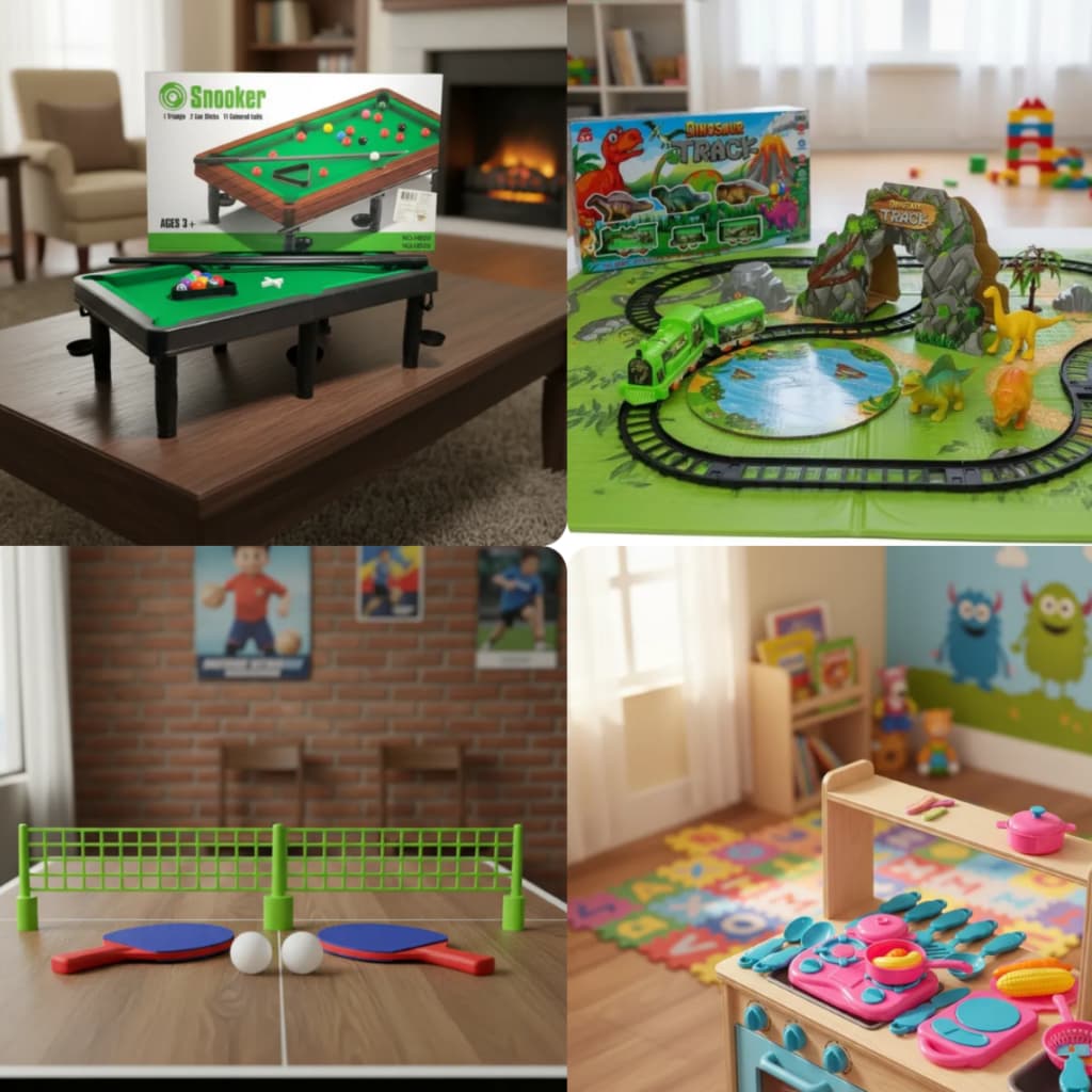Brinquedo Infantil Crianças Kit Cozinha Mesa de Tênis Trem Elétrico Locomotivo Trilho Dos Dinossauros Mesa Bilhar Snooke