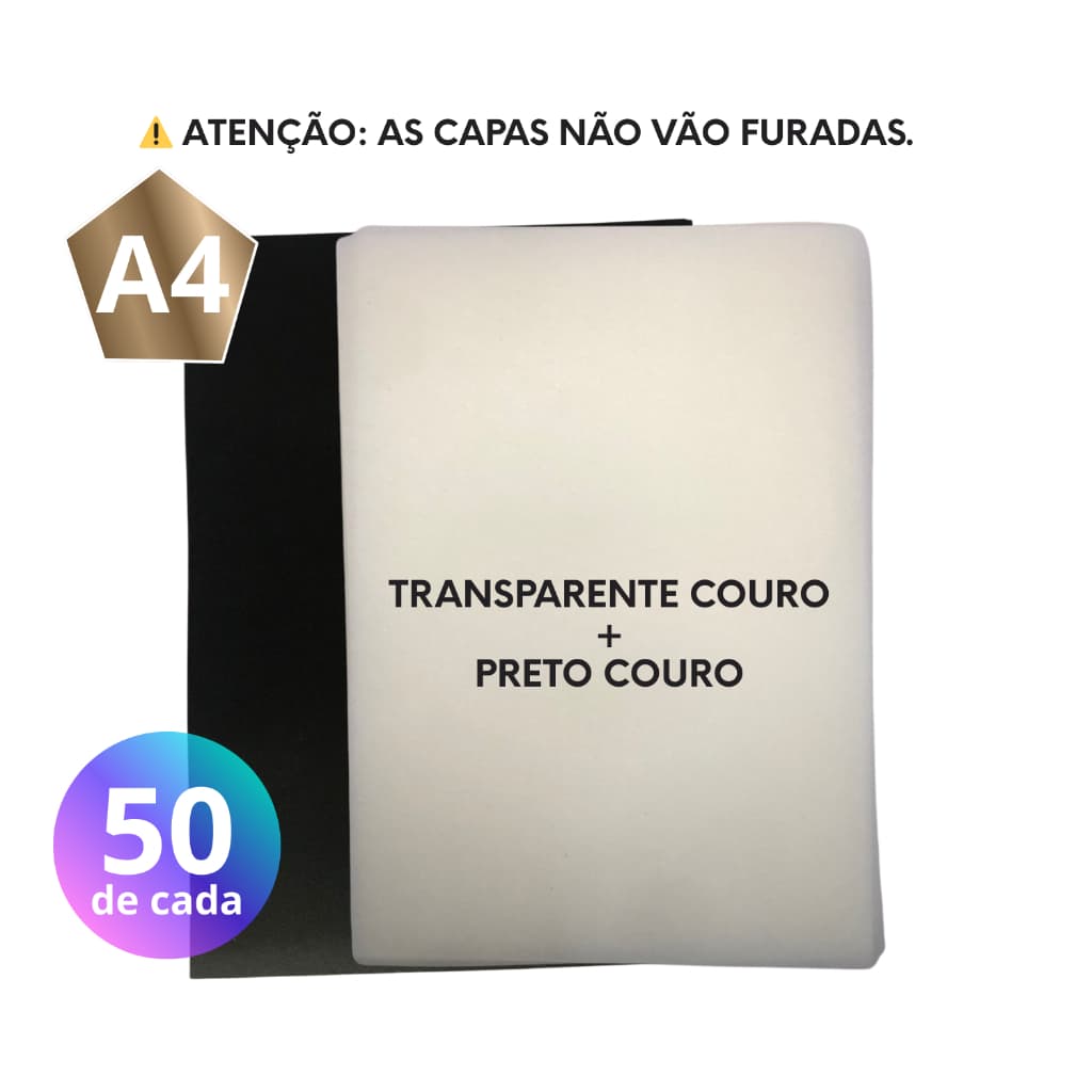 KIT CAPA ENCADERNAÇÃO A4 TRANSPARENTE COURO 50 fls + PRETO COURO 50 fls