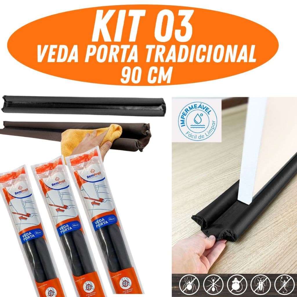 Kit 3 Veda Porta Tradicional 90cm – Preto | Protetor de porta - Contra Poeira, Insetos e Vento