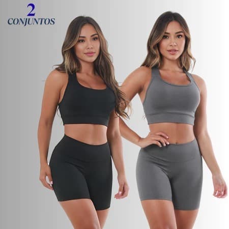 Kit 2 Conjuntos Academia Feminino Short Fitness Cós Alto e Top Sustentação Nadador Treino Suplex Preto