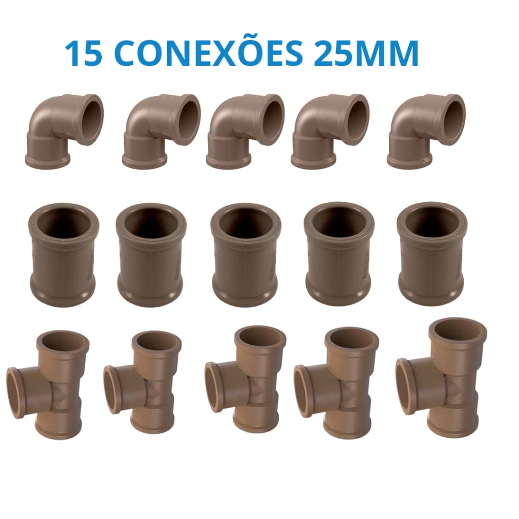 Kit 15 Conexões Hidráulico Joelho Tee e Luva Soldável PVC 25mm