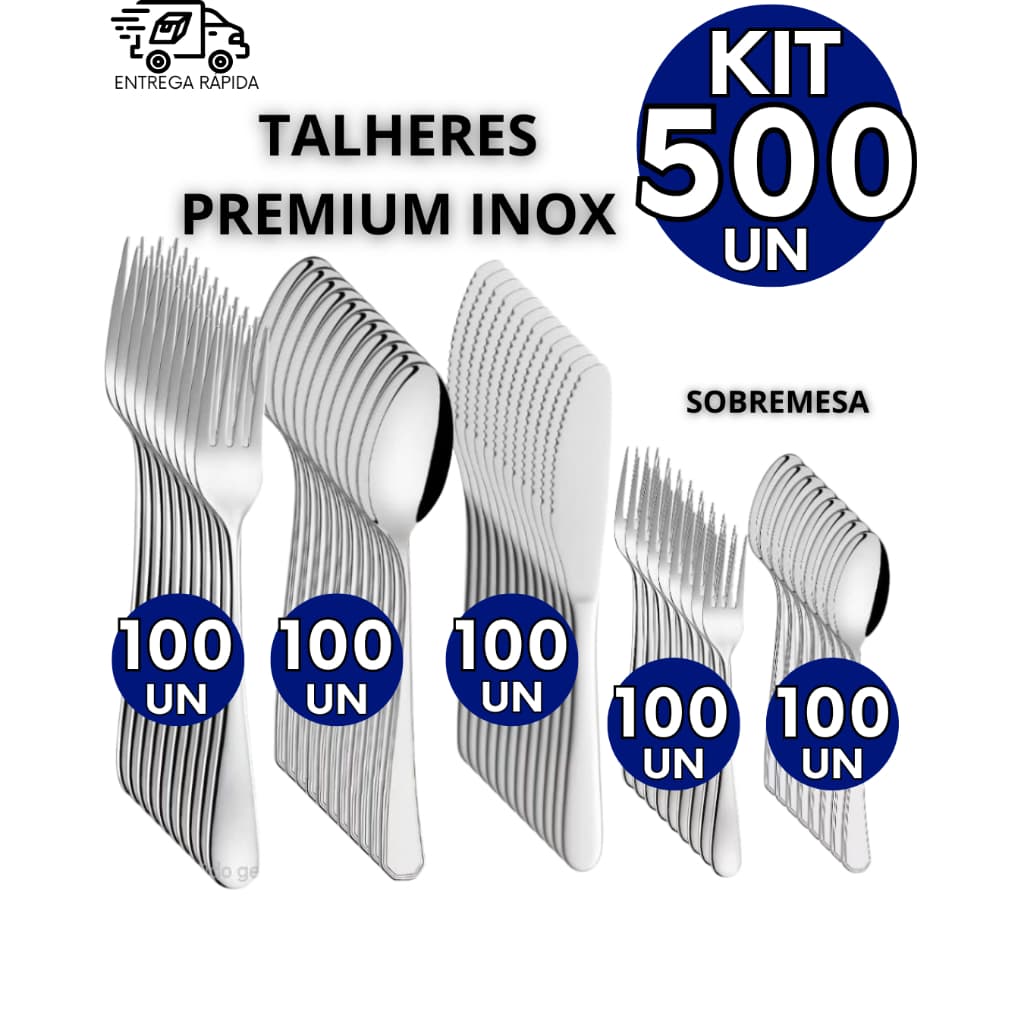 Jogo 500 Talheres 100% Inox 100 Garfos 100 Facas 100 Colheres 100 Colheres de Sobremesa 100 Garfos de Sobremesa