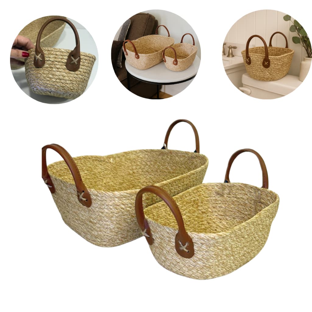 Cesto de Fibra Natural com Alça Cor Mocca Tamanho P e M Organização Decoração Mesa Posta