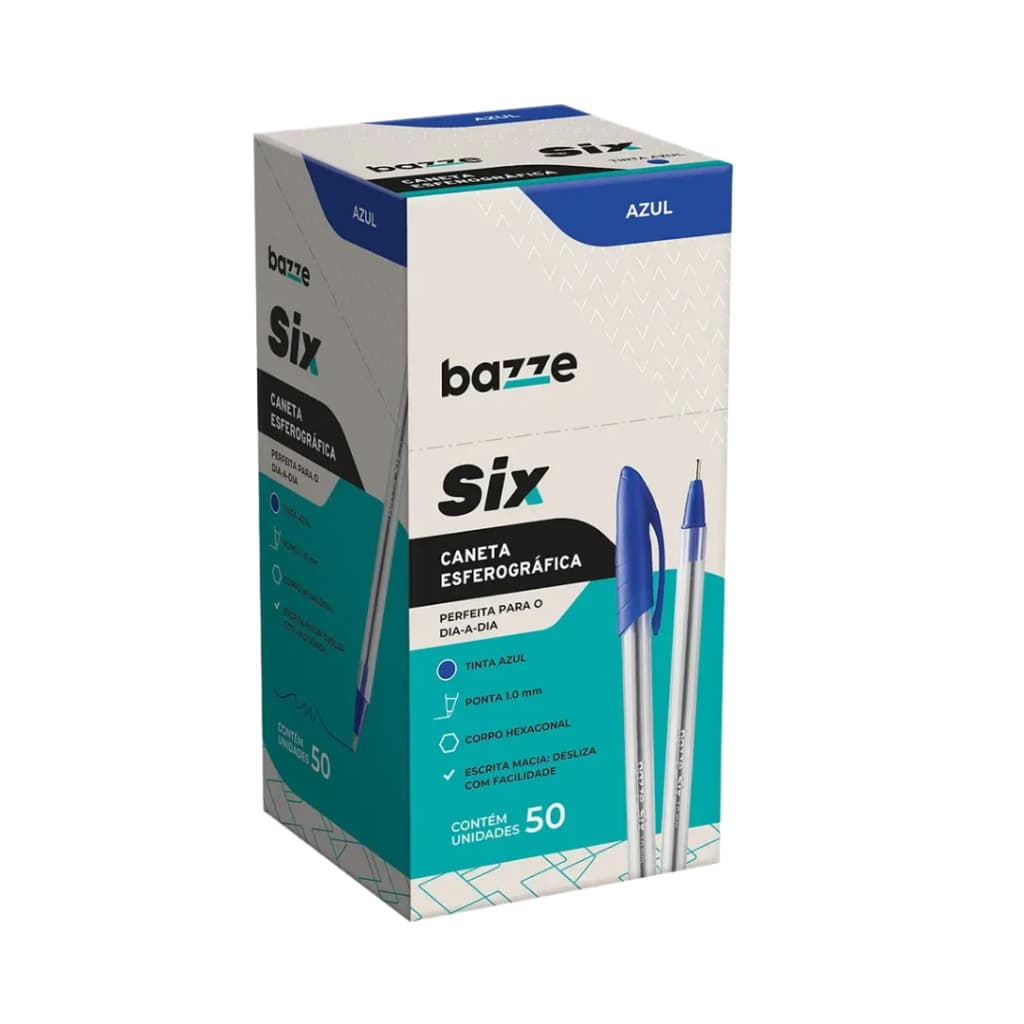 Caneta Esferográfica Caixa C/50 Unidades Azul - Preta Bazze Six