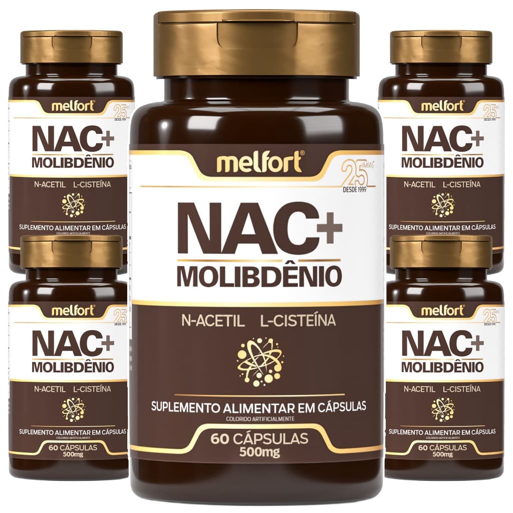 5x NAC + Molibdênio 500mg Suplemento Alimentar N-Acetil L-Cisteína 60caps Apoio à Rotina Bem-Estar