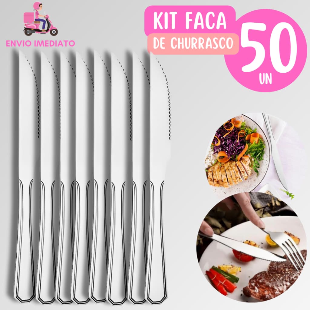 Kit com 50 Facas em Aço Inox 21cm para Restaurantes Buffet Casa Bares