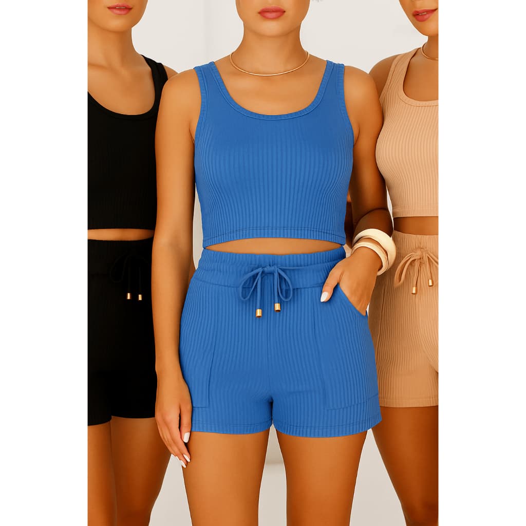 Conjunto Feminino Short Canelado e Regata Blusa Blusinha Cintura Alta Verão Moda Blogueira