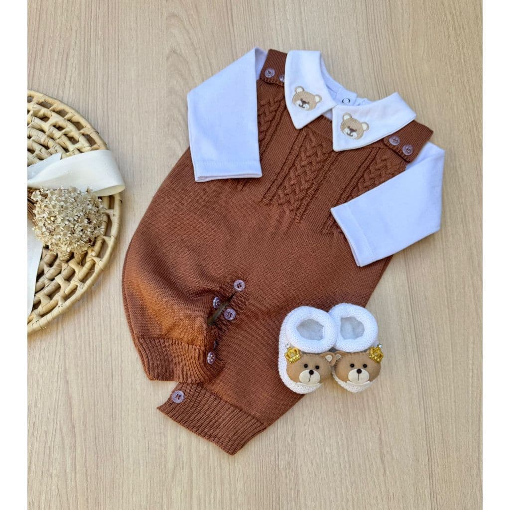 Saída de Maternidade Menino Jardineira Madrid marrom Urso Tricot 3 Peças