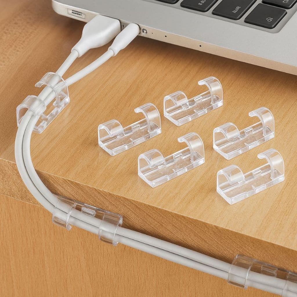 Kit 20 Clips Organizador de Fios Cabos Acrílico Autoadesivo 20 Peças Mesa Parede