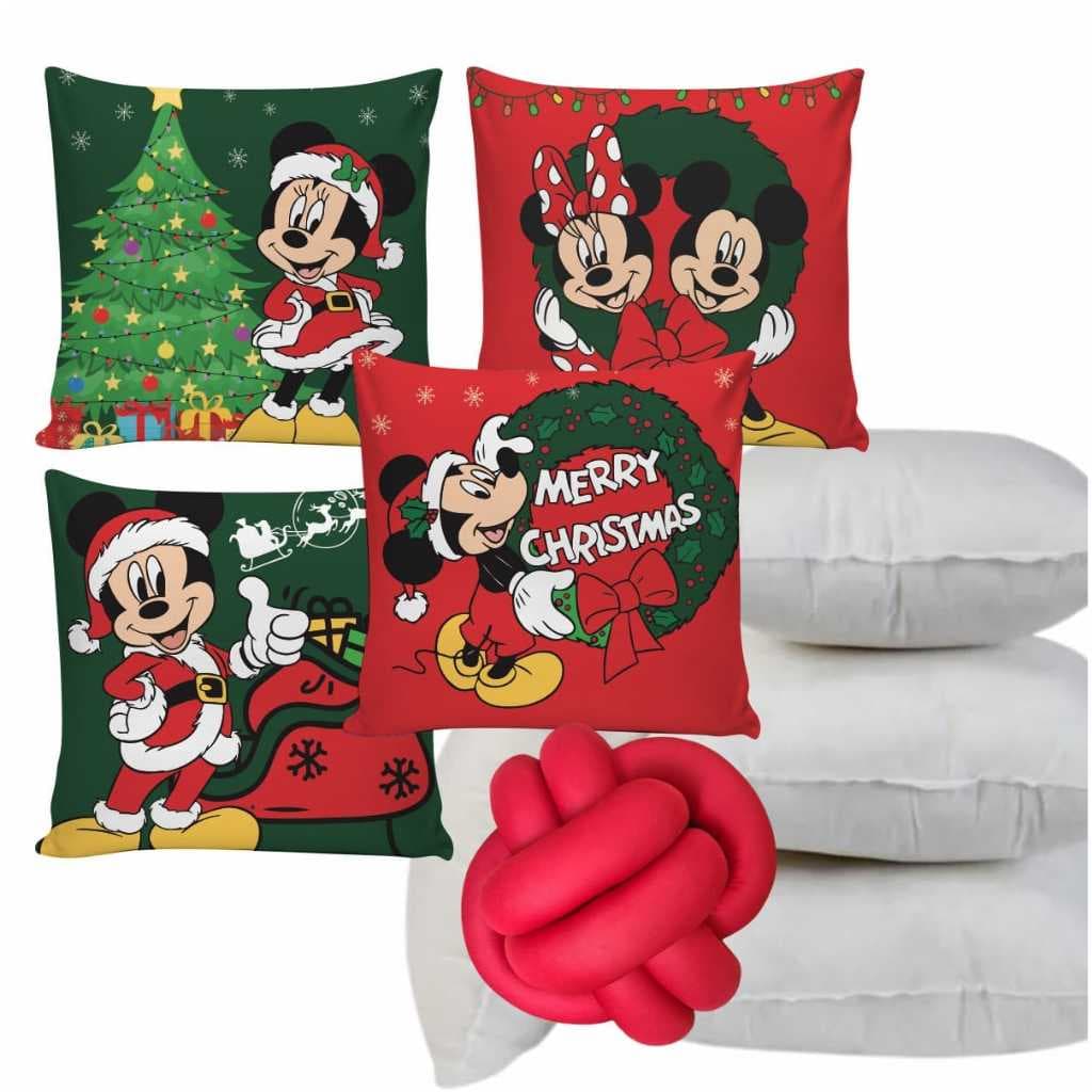 Kit 4 Almofadas CHEIA Silicone 45x45cm + Almofada de Nó Sala Minnie e Mickey Stitch de Natal