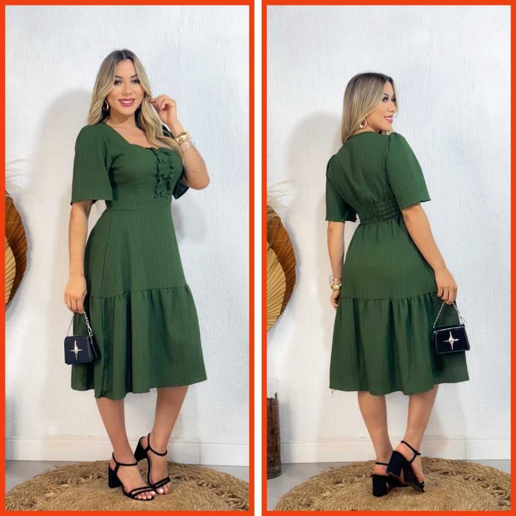 Vestido Midi Femenino Moda Evangelica com Elastex nas Costas/Com Botoes/na Frente