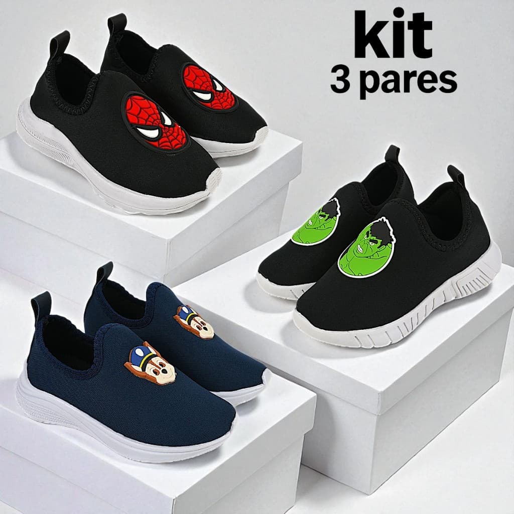 Kit 3 Pares Tênis Infantil Menino Escolar Personagens Calce Fácil Leve Confortável Dia Dia