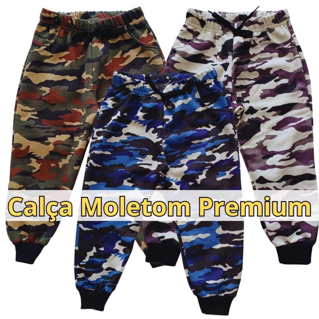 Kit 3 Calça Infantil Juvenil Moletom Menino Camuflado 2 a 14 Anos Peluciada Felpada