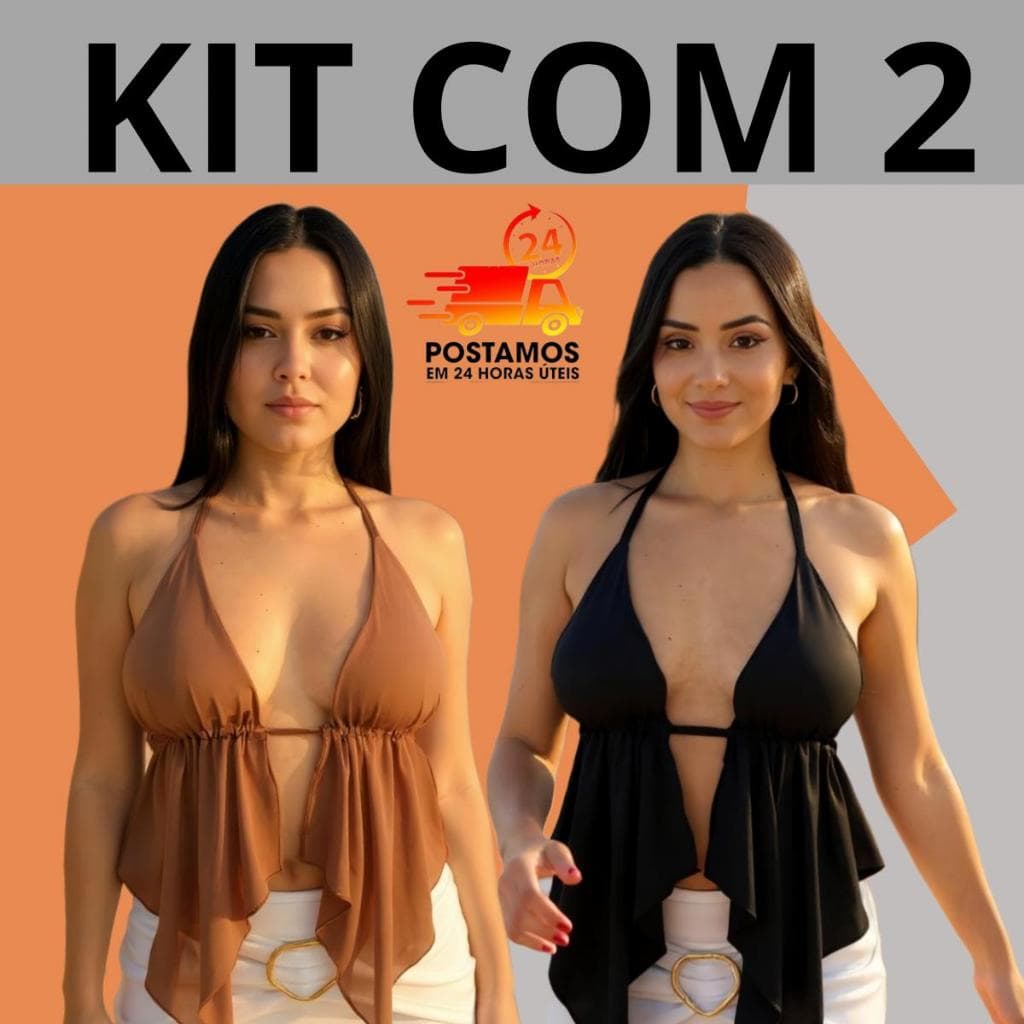 Top Cropped Suplex com Bojo Kit 2 Moda Feminina Confortável Bata Cortininha com Babado