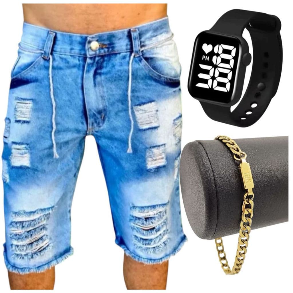 Kit Completo Masculina Bermuda Jeans + Pulseira + Relógio Digital
