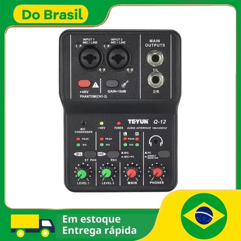 Mesa de Som e Interface de Áudio Teyun Q12 – Completa para Gravação, Live e Podcast
