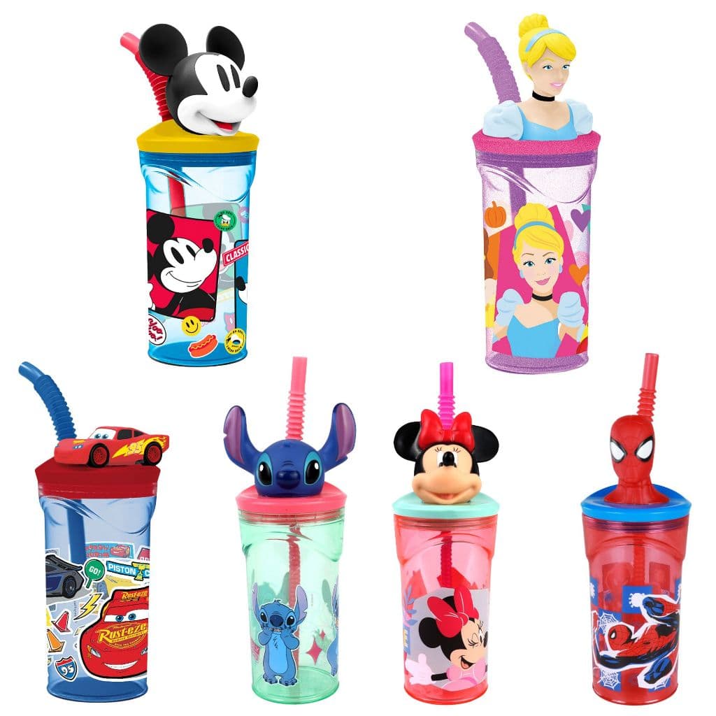 Garrafinha Infantil com Canudo 3D BPA Free Disney Mickey Minnie Stitch Homem Aranha Carros