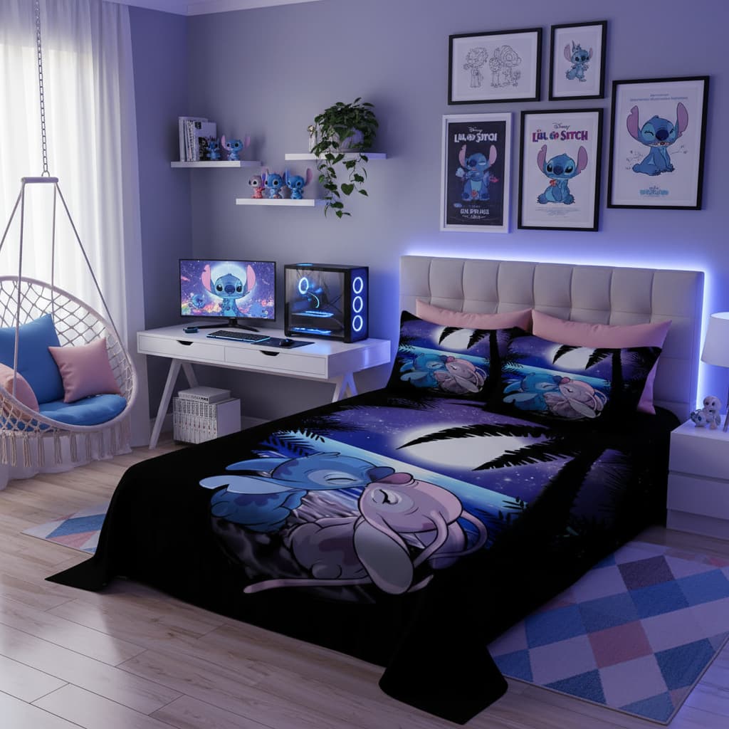 Lençol Casal de Personagem Stitch e Angel sem elástico 3 Peças COR:LCC 30 Cama Colcha InfantilDisney