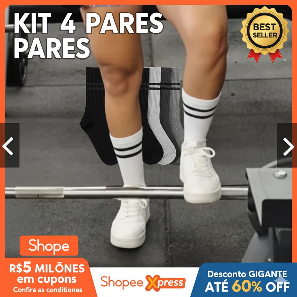 Kit 4 Pares de Meias Cano Alto Nova Era Academia Fitness Algodão Listras