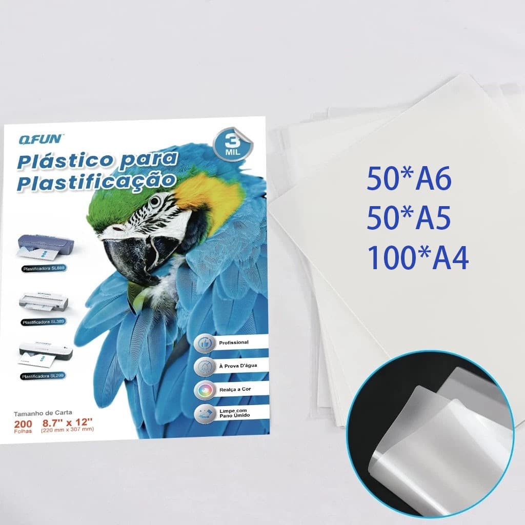 Polaseal Plástico Para Plastificacão 200 Folhas (100*A4, 50*A5, 50*A6)  Papel plástico Revestido Termoplástico