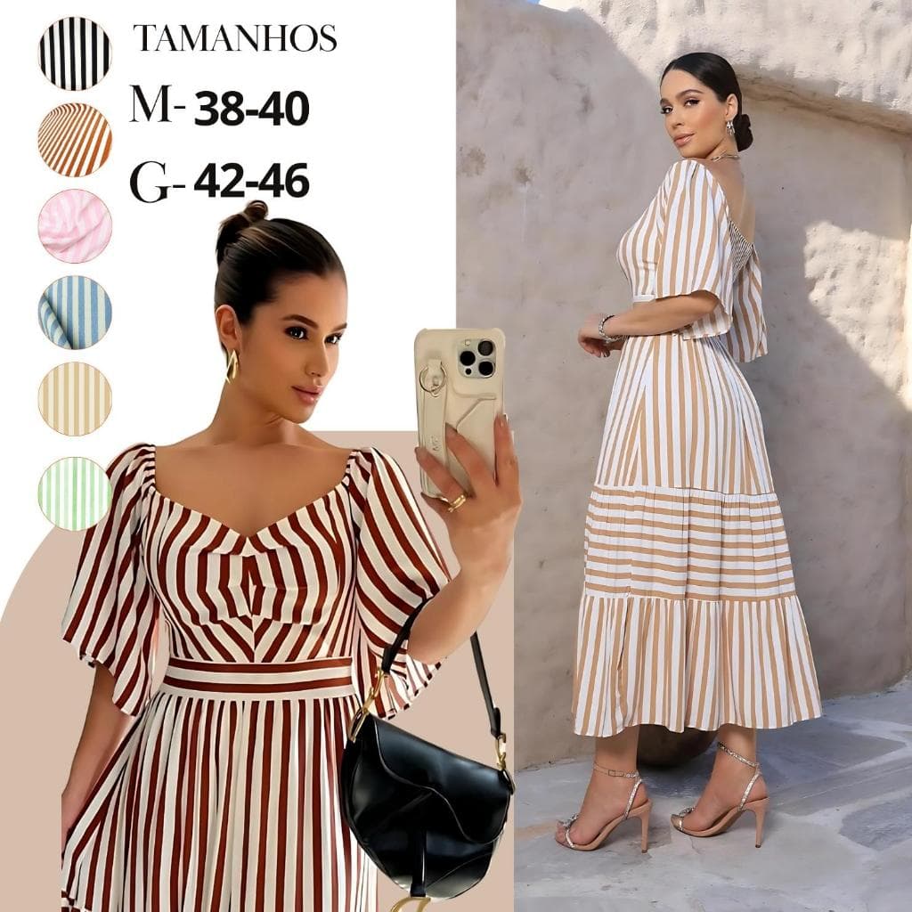 Vestido Feminino Midi Listrado Moda Evangélica Elegante Com Bojo Todo Forrado Não Transparente