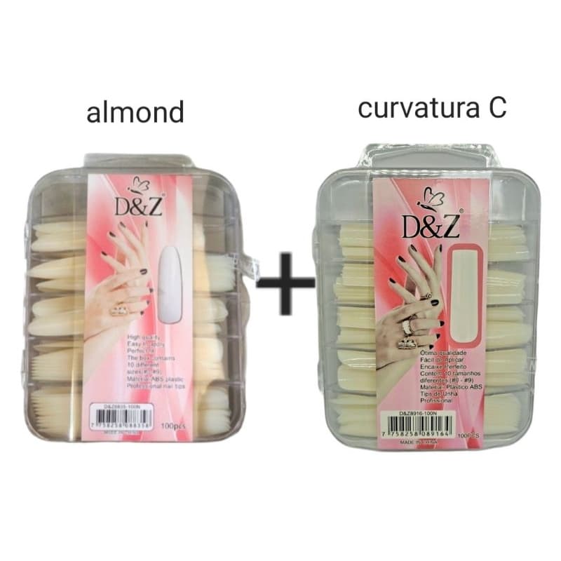 KIT 200 Unhas Postiças curvatura C + Almond Extra Longa D&Z kit 2 caixas com 100 peças de cada.100 peças Curvatura C