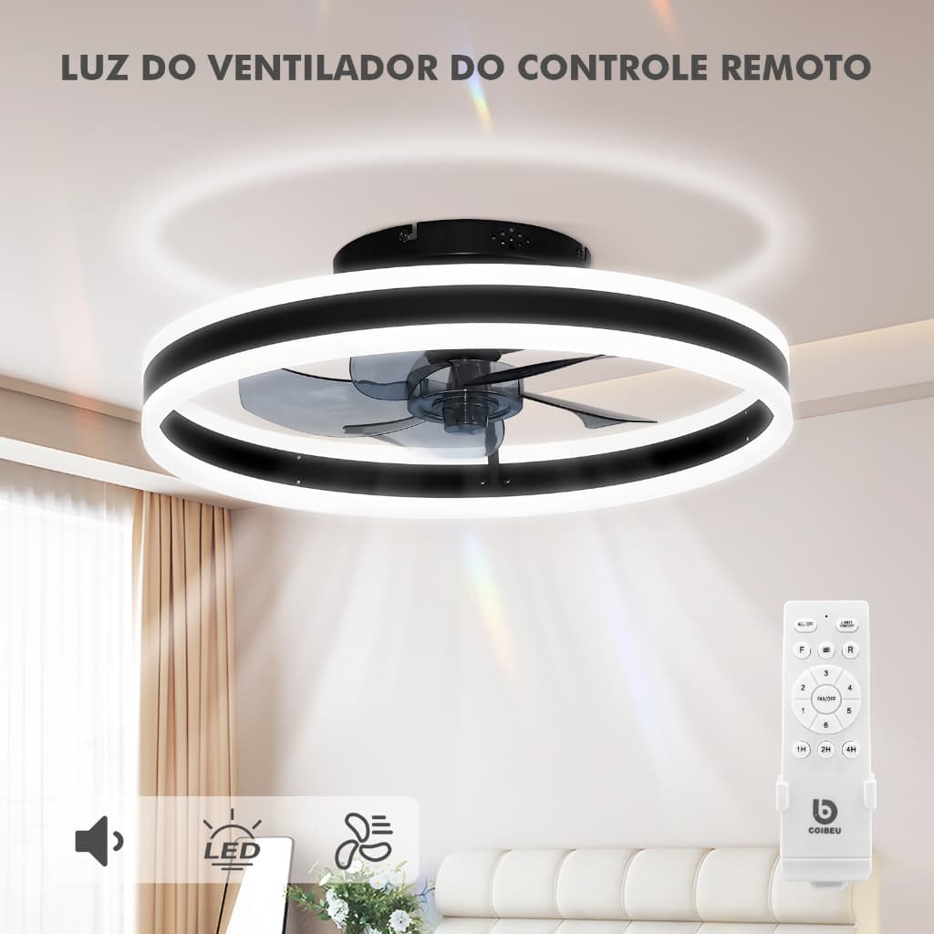 COIBEU Ventilador de Teto com Luz LED e Controle Remoto - Silencioso e 3 Cores de Iluminação