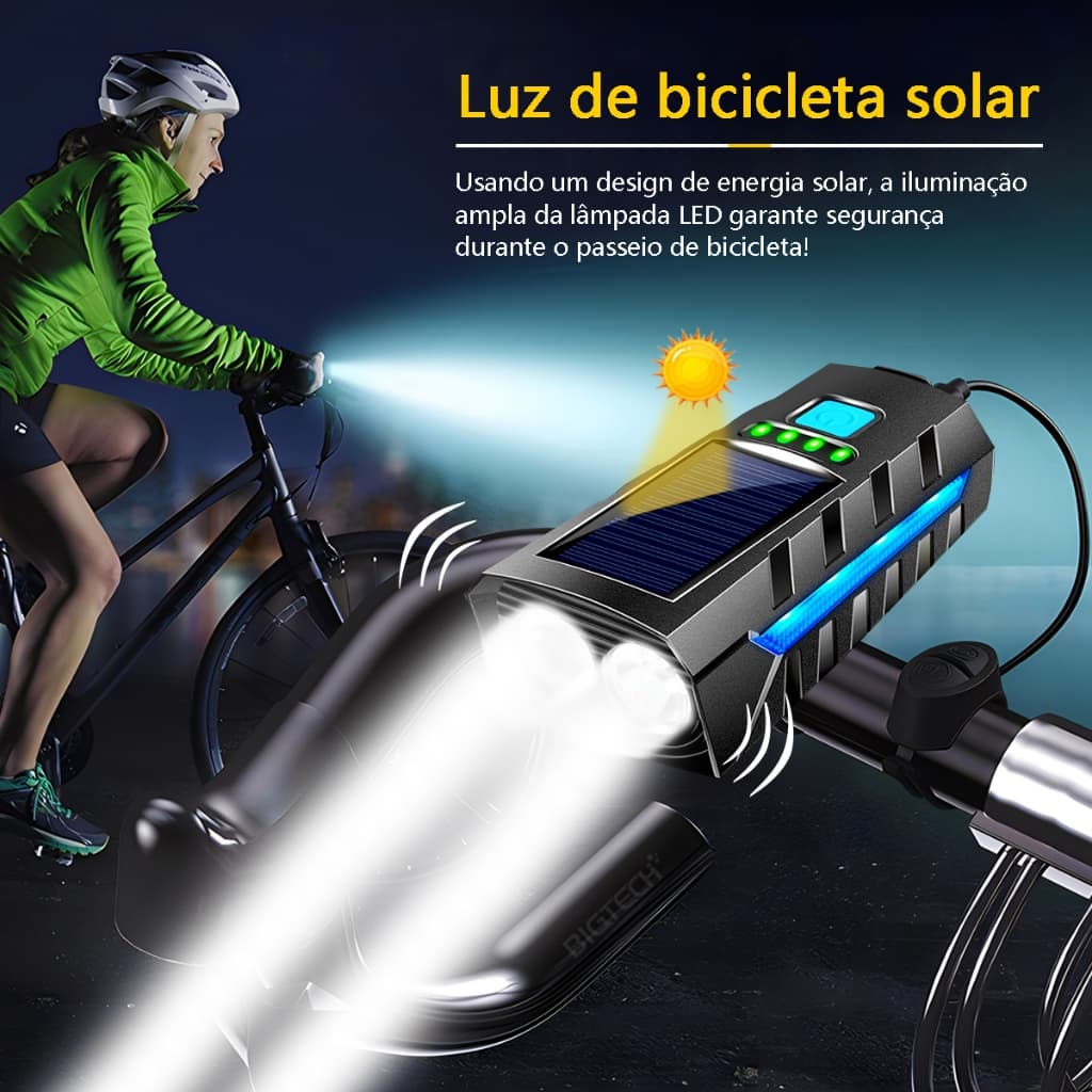 Lanterna Pra Bike Recarregável Usb Solar Com Buzina Power Bank Kit Farol 1200 Lumens