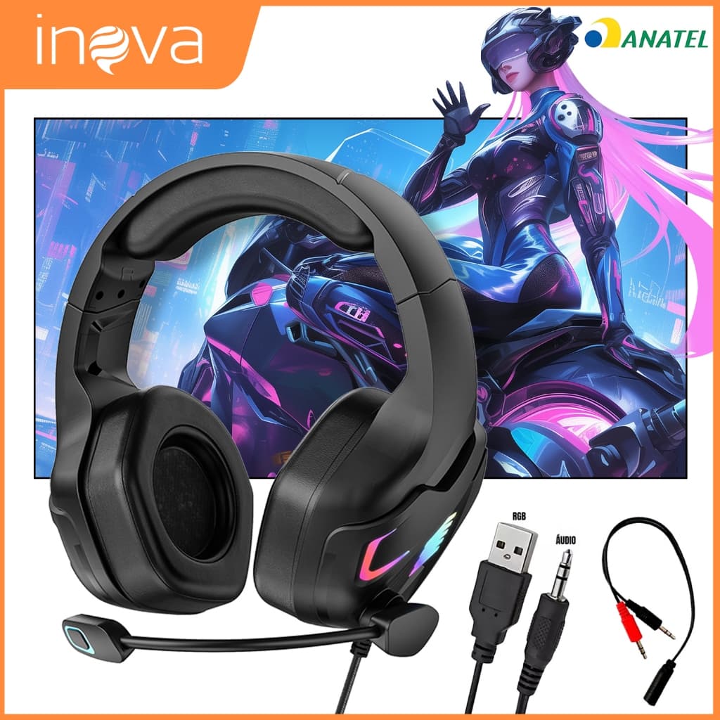 INOVA Fone De Ouvido Headset Gamer RGB LED Microfone Cancel Ruído Som Surround PC PS4 Xbox Switch