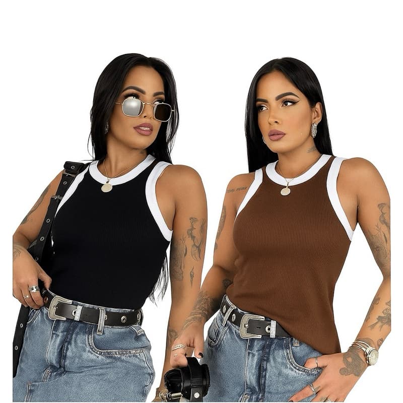 Kit 2 Regatas Femininas Caneladas Básicas Slim Fia Ribana Canelada Verão BICOLOR