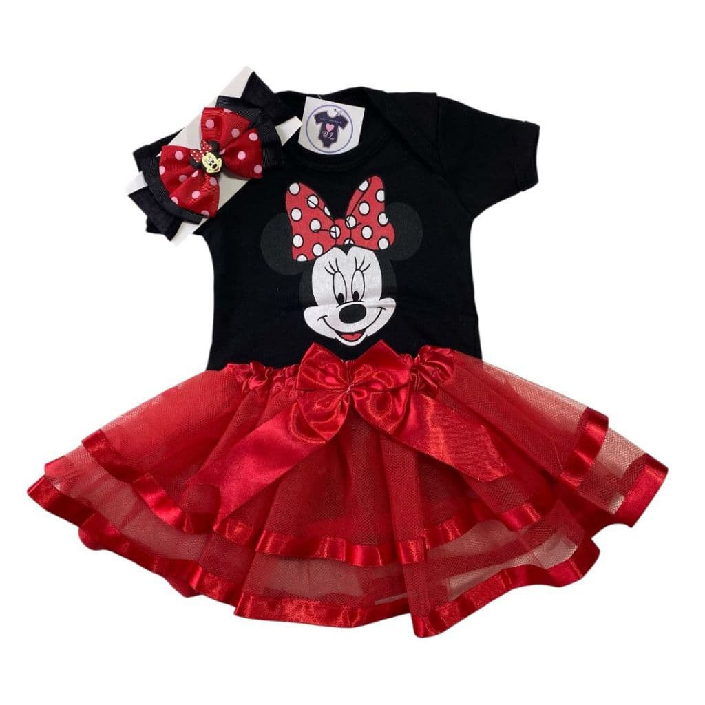 Body Bebê Menina Minie + Laço + Saia Tutu - Mesversário Temático