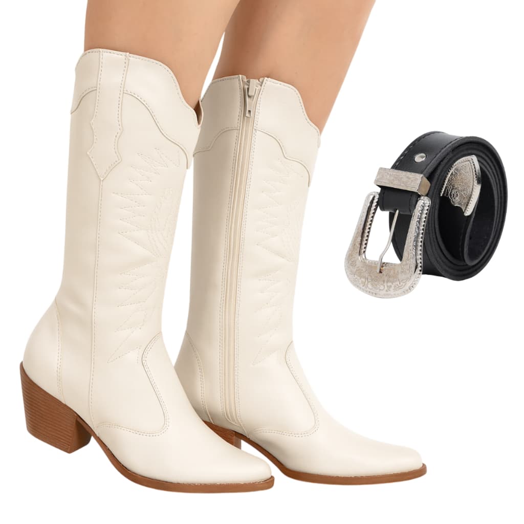 Bota Texana Feminina Cano Alto Salto Médio Western Bordada + Cinto Rodeio