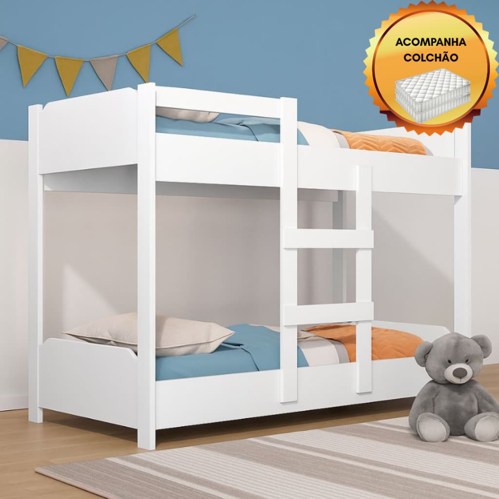 Beliche Infantil Reforçada com Escada e Grade Proteção Lateral 100% MDF Incluso 2 Dois Colchões