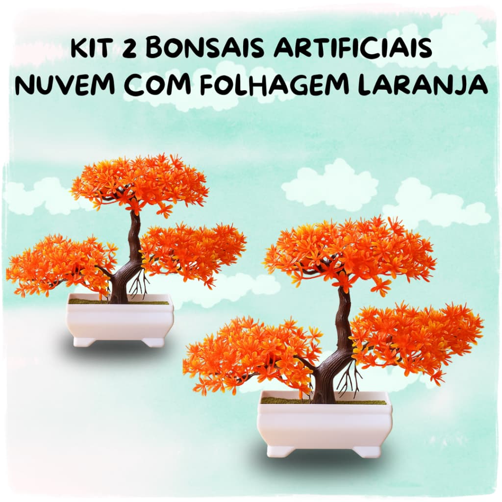 Kit 2 Bonsais Artificial Decorativo Estilo Outonal – Nuvem com Folhas Laranjas Vaso Branco Elegante