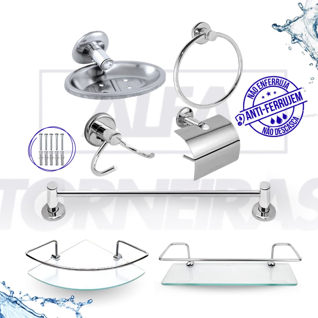Kit Acessórios Banheiro 5 Peças Inox  + Porta Shampoo Canto + Porta Shampoo Reto Vidro Temperado